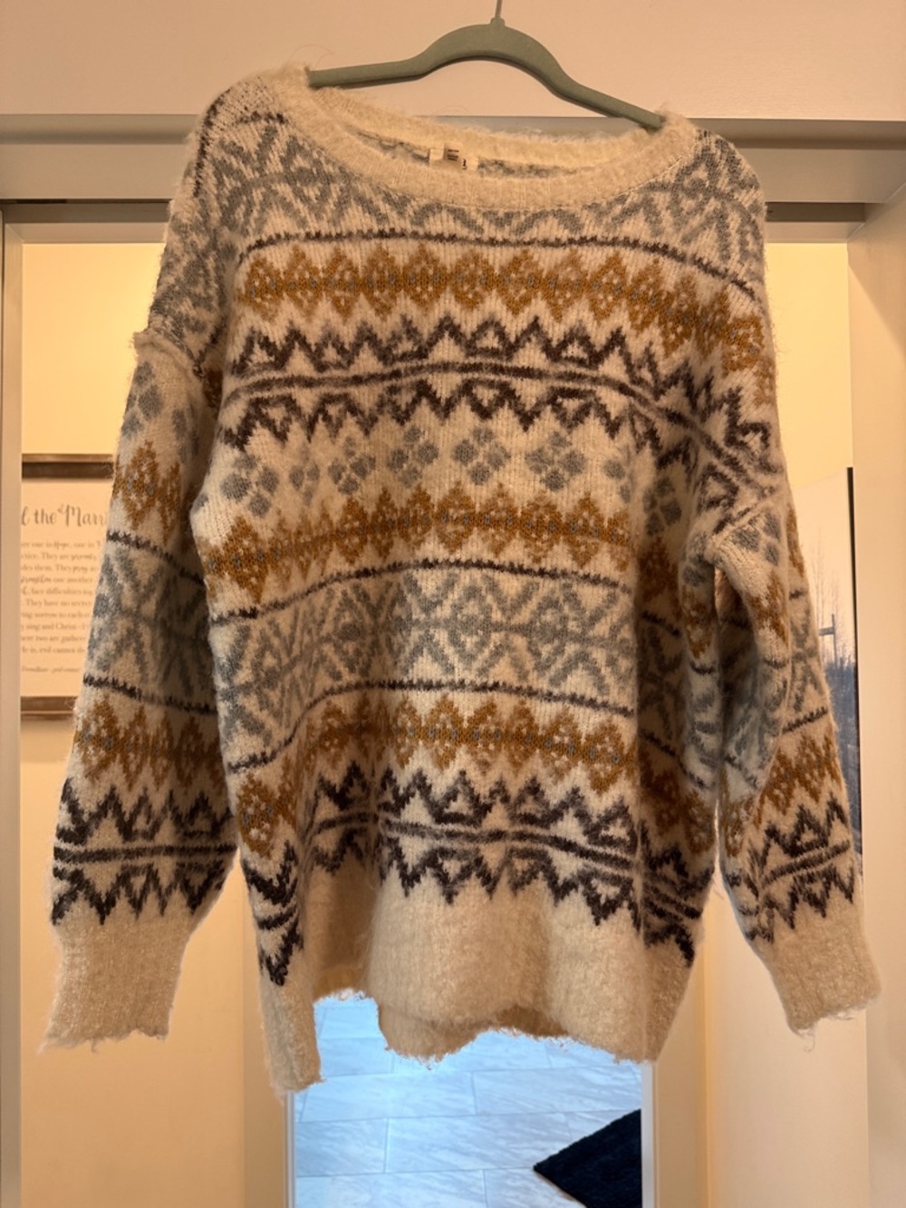 a.n.a Cream Fair Isle Crewneck Sweater with Gold and Gray Pattern